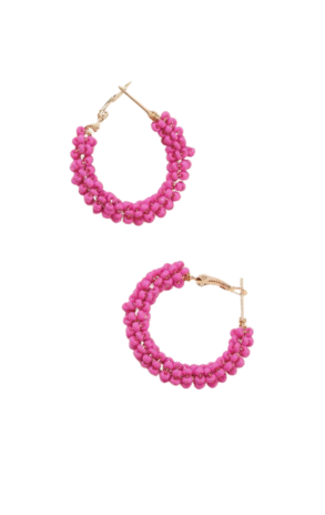 Beaded Hoop Earrings - Hot Pink